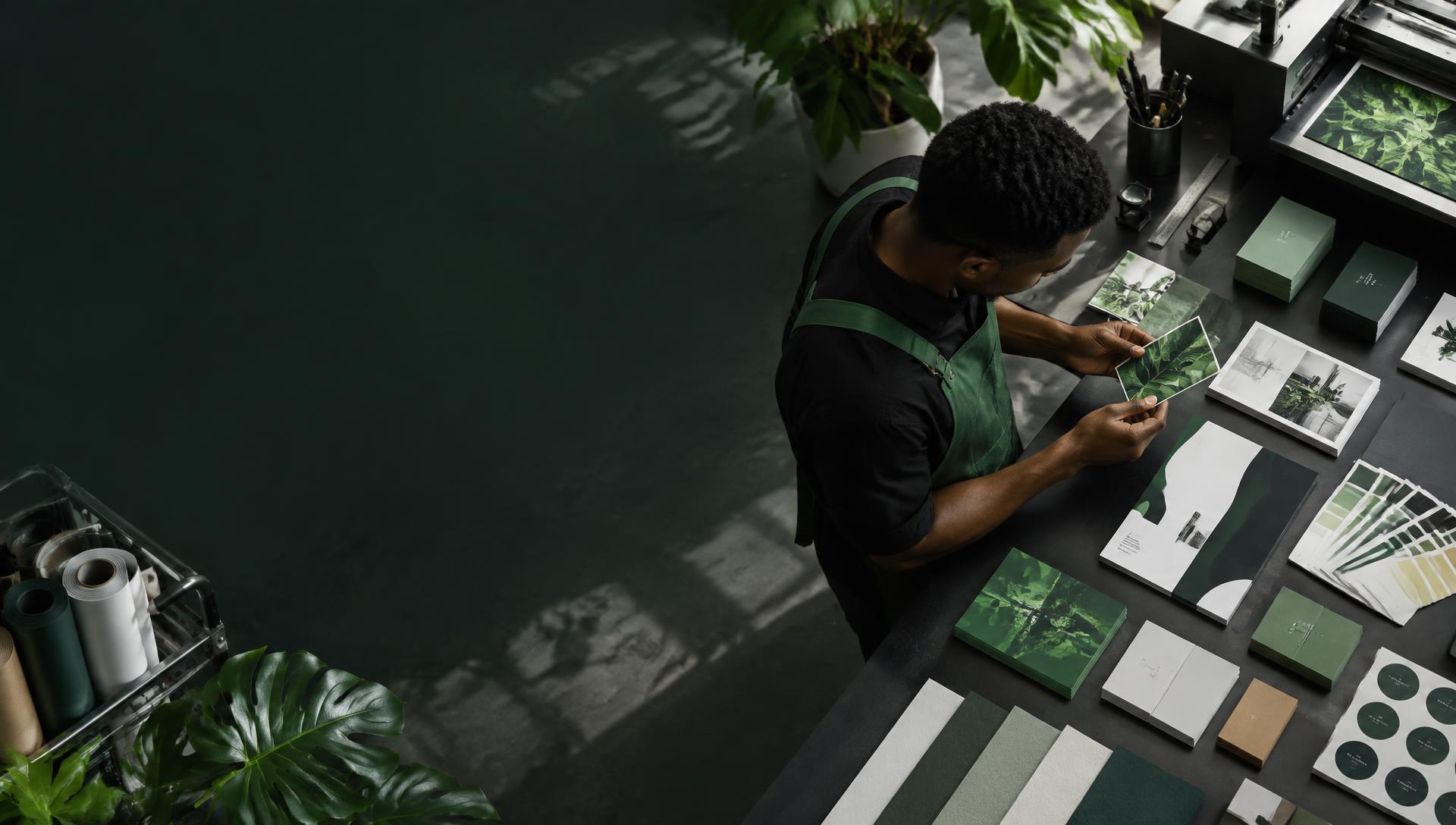 A print specialist inspecting fresh printed materials in a Lagos studio